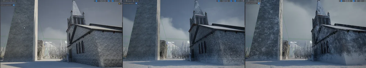 Three editor views of House Camp Church comparing its frost shader, published in July 2024.